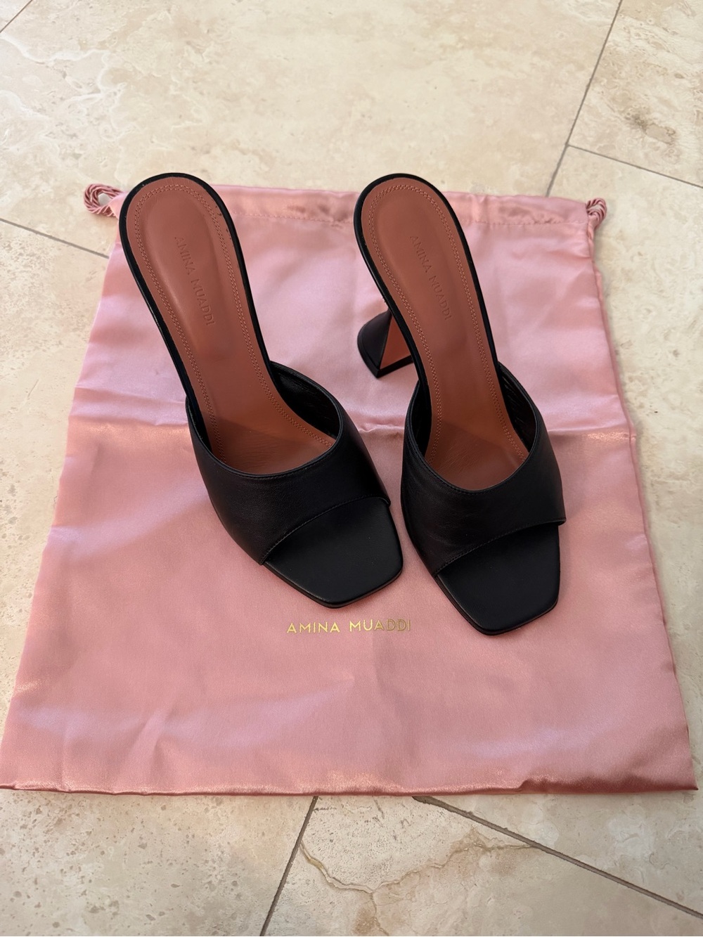 Amina Muaddi Black Open-Toe Leather Mules with Sculpted Heel